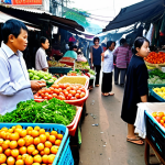**

"A person listening attentively to others in a bustling outdoor market in Vietnam, surrounded by colorful fruits, vegetables, and vendors. The scene emphasizes the value of learning from others' experiences and perspectives. The overall mood is bright, open, and welcoming. Include the phrase 'Tôi không biết' subtly on a vendor's sign."

**
