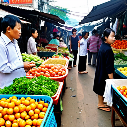 Home 13 **
"A person listening attentively to others in a bustling outdoor market in Vietnam, surrounded by colorful fruits, vegetables, and vendors. The scene emphasizes the value of learning from others' experiences and perspectives. The overall mood is bright, open, and welcoming. Include the phrase 'Tôi không biết' subtly on a vendor's sign."
**