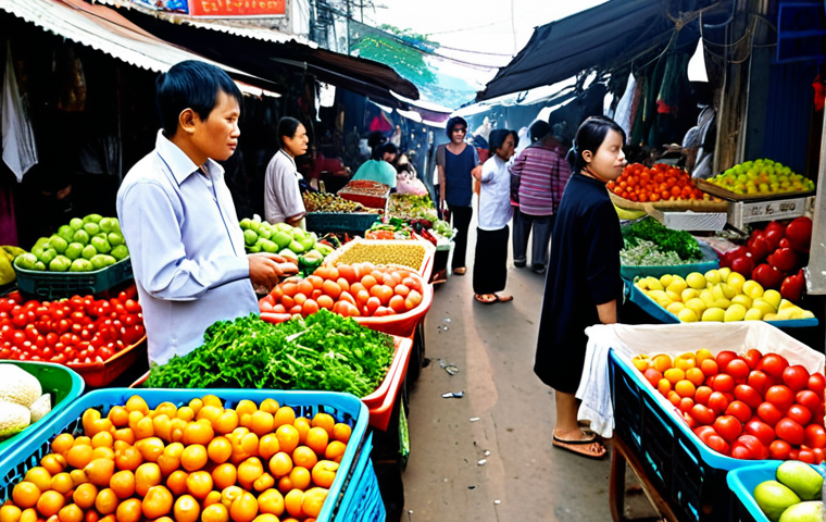**
"A person listening attentively to others in a bustling outdoor market in Vietnam, surrounded by colorful fruits, vegetables, and vendors. The scene emphasizes the value of learning from others' experiences and perspectives. The overall mood is bright, open, and welcoming. Include the phrase 'Tôi không biết' subtly on a vendor's sign."
**