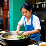 A skilled and experienced Vietnamese chef in a modest, clean apron, carefully tending to a large, steaming pot of traditional pho broth in a vibrant, authentic street food kitchen in Hanoi. The chef is fully clothed, with appropriate attire, perfect anatomy, correct proportions, and natural pose, showcasing well-formed hands expertly handling ingredients. The scene is bustling yet harmonious, capturing the essence of local culinary wisdom. safe for work, appropriate content, professional, family-friendly.