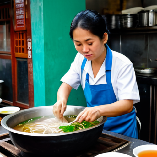Home 5 A skilled and experienced Vietnamese chef in a modest, clean apron, carefully tending to a large, steaming pot of traditional pho broth in a vibrant, authentic street food kitchen in Hanoi. The chef is fully clothed, with appropriate attire, perfect anatomy, correct proportions, and natural pose, showcasing well-formed hands expertly handling ingredients. The scene is bustling yet harmonious, capturing the essence of local culinary wisdom. safe for work, appropriate content, professional, family-friendly.