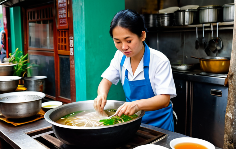 A skilled and experienced Vietnamese chef in a modest, clean apron, carefully tending to a large, steaming pot of traditional pho broth in a vibrant, authentic street food kitchen in Hanoi. The chef is fully clothed, with appropriate attire, perfect anatomy, correct proportions, and natural pose, showcasing well-formed hands expertly handling ingredients. The scene is bustling yet harmonious, capturing the essence of local culinary wisdom. safe for work, appropriate content, professional, family-friendly.