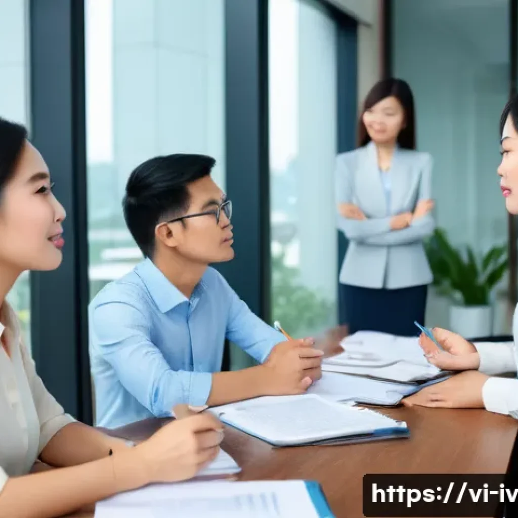 지식의 한계 인식과 갈등 관리 - A professional office setting showing a diverse group of Vietnamese colleagues engaged in a respectf...