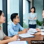 지식의 한계 인식과 갈등 관리 - A professional office setting showing a diverse group of Vietnamese colleagues engaged in a respectf...