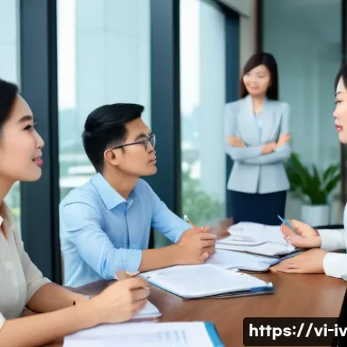 지식의 한계 인식과 갈등 관리 - A professional office setting showing a diverse group of Vietnamese colleagues engaged in a respectf...