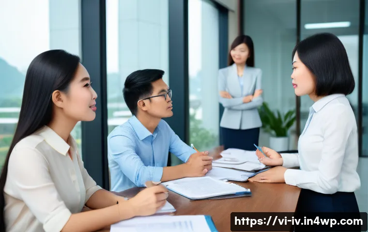 지식의 한계 인식과 갈등 관리 - A professional office setting showing a diverse group of Vietnamese colleagues engaged in a respectf...