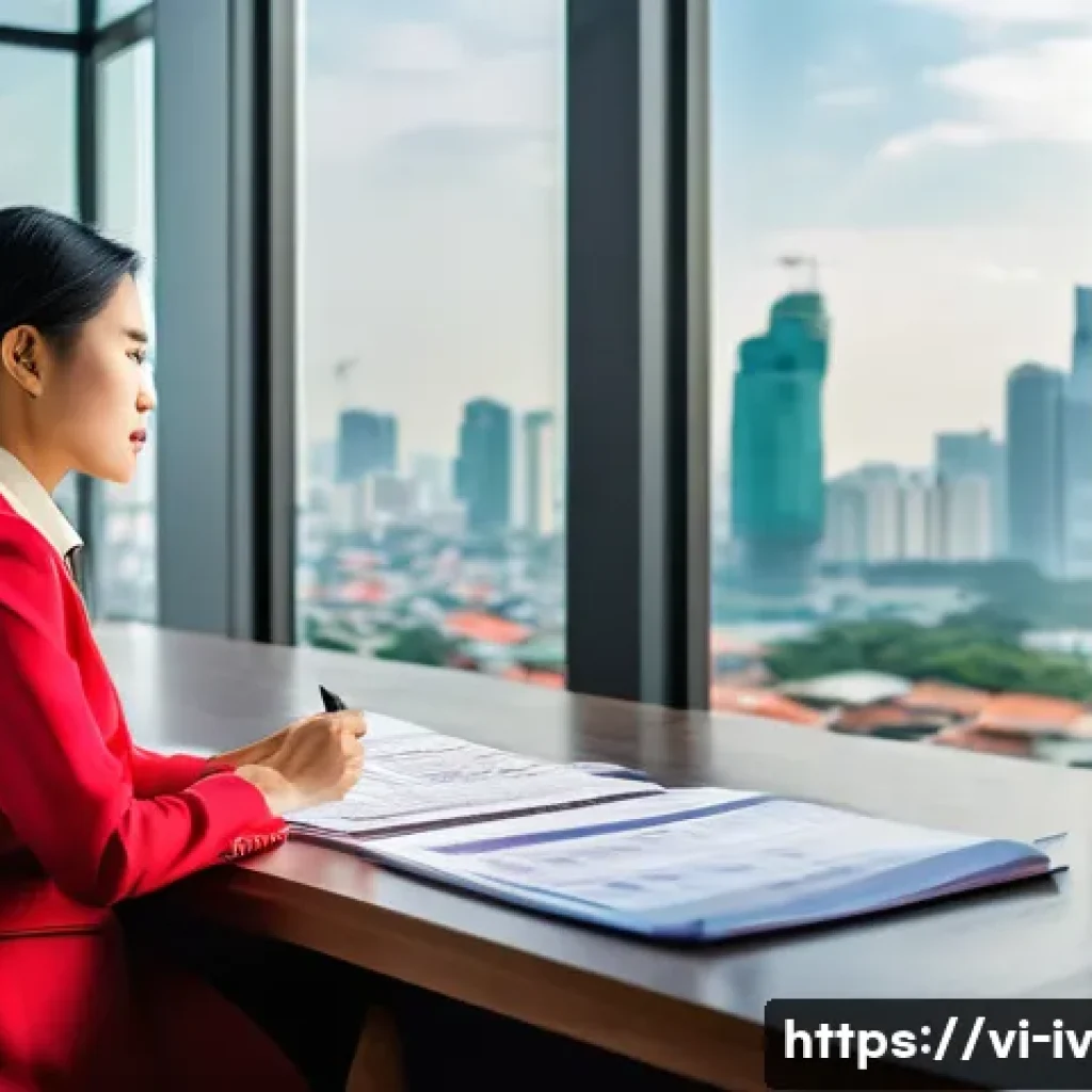 지식의 한계와 지혜의 차이 - A thoughtful Vietnamese businesswoman in her 30s sitting at a modern office desk filled with financi...