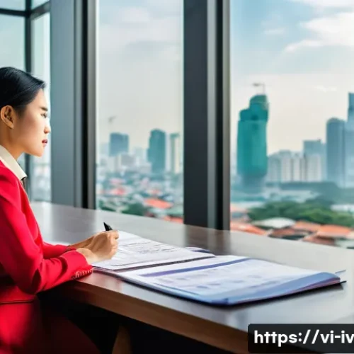 지식의 한계와 지혜의 차이 - A thoughtful Vietnamese businesswoman in her 30s sitting at a modern office desk filled with financi...