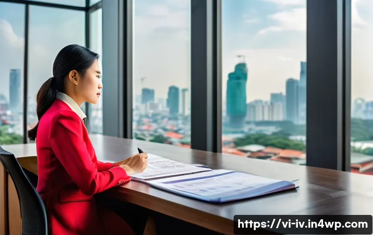 지식의 한계와 지혜의 차이 - A thoughtful Vietnamese businesswoman in her 30s sitting at a modern office desk filled with financi...