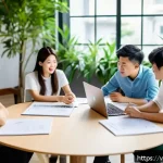 지식의 한계 인식이 창의성에 미치는 영향 - A diverse group of Vietnamese professionals in a modern coworking space, engaging in a collaborative...