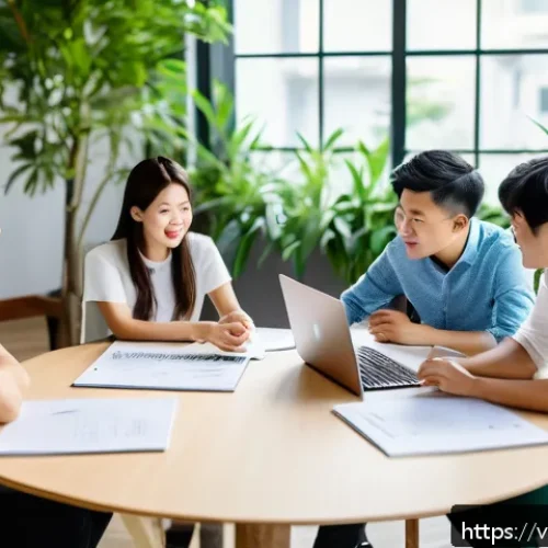지식의 한계 인식이 창의성에 미치는 영향 - A diverse group of Vietnamese professionals in a modern coworking space, engaging in a collaborative...
