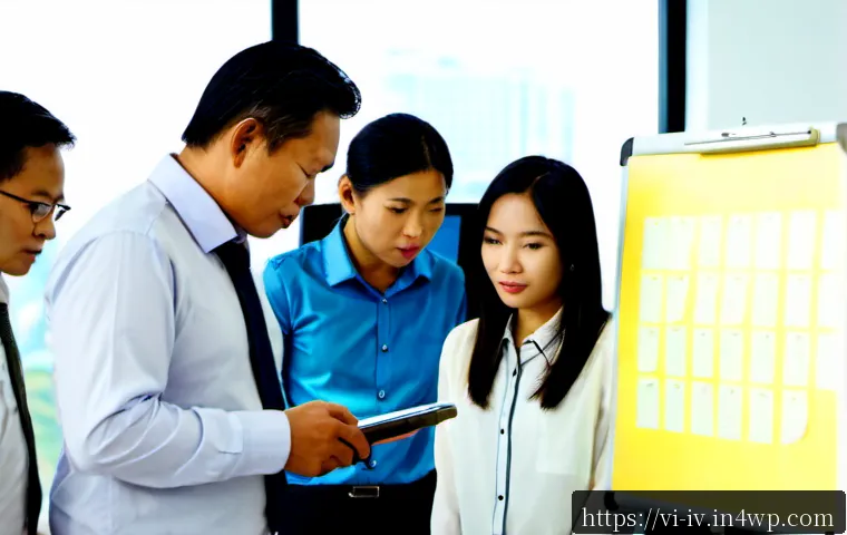 Home 30 지식의 한계 인식을 통한 변화 관리 - Photorealistic Vietnamese business team in a bright modern Hanoi office, a thoughtful middle-aged ma...